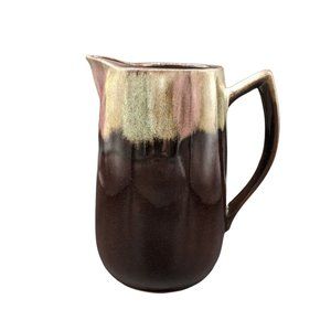 Brown Drip Redware Pitcher  w Ice Lip Color Splash Pink Green Glazed Terracotta